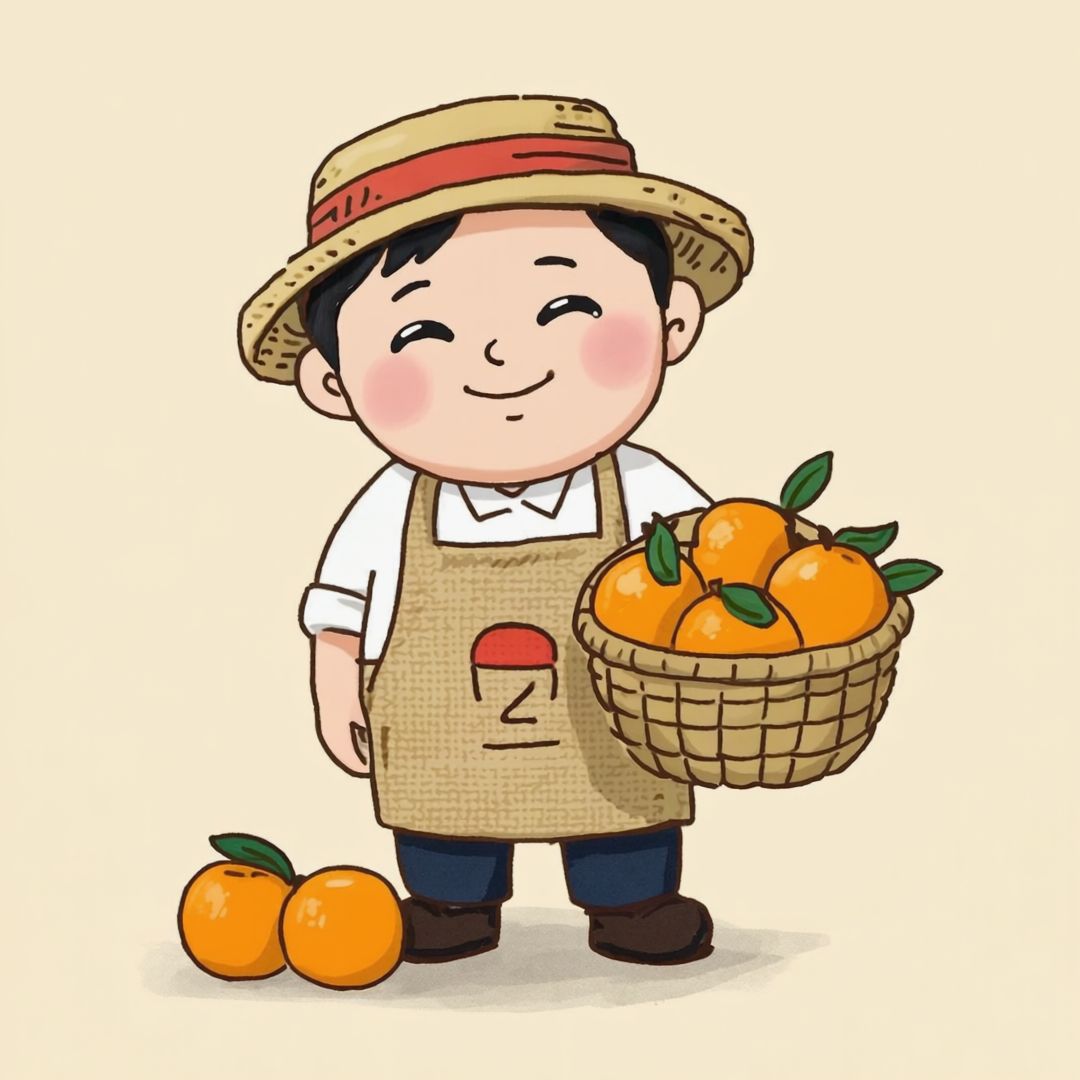 밀짚모자를 쓰고 귤 바구니를 든 가상의 제주 농부 캐릭터 그림